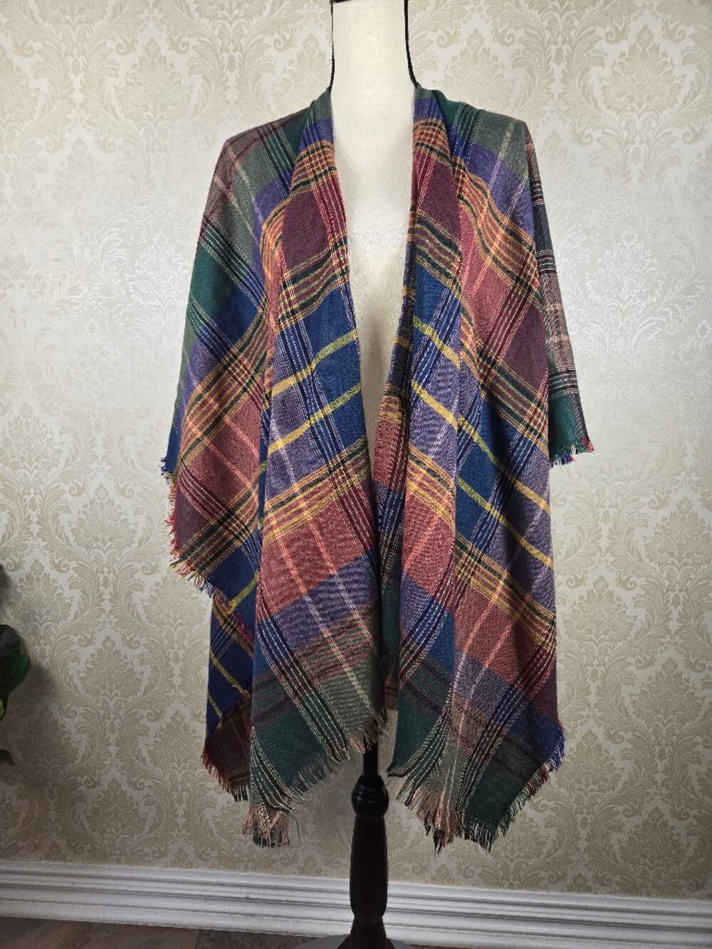 One Size Plaid Ruana Wrap Blue Green Red Fringed Edges Fall Winter Cozy Layer